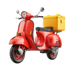 Obraz premium A vibrant red vintage scooter with a bright yellow delivery box mounted on the back isolated on transparent background
