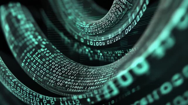 Intricate digital code lines swirl in a dark, futuristic design.