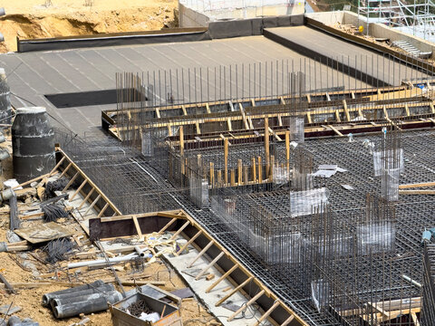 Reinforced Concrete Foundation at a Modern Urban Construction Site