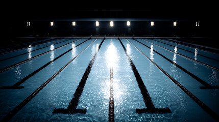 Empty indoor swimming pool with illuminated lanes and reflections on water surface