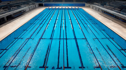An empty Olympic-sized swimming pool with multiple lanes and starting blocks, viewed from above in an indoor aquatic facility.