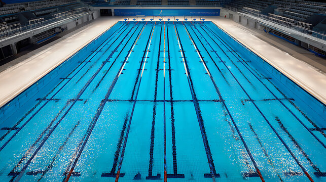 An empty Olympic-sized swimming pool with multiple lanes and starting blocks, viewed from above in an indoor aquatic facility.