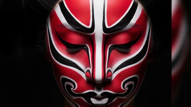 Intricate face kabuki painting showcasing traditional cultural art from Asia highlighted against a dark background