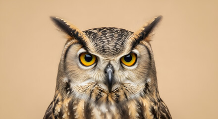Close-up portrait of an Eurasian Eagle-Owl with intense yellow eyes and prominent ear tufts, looking directly at the camera against a plain background.