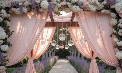 Elegant wedding archway with pastel fabrics, flowers, and hanging globes.  A pathway lined with lavende