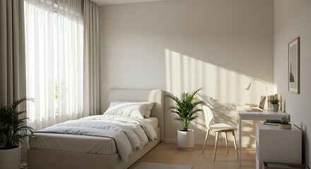 Serene Bedroom Oasis: A sunlit bedroom, furnished with a cozy bed, potted plants, and a desk, invites tranquility and comfort. Evoking the calm and peacefulness of home.