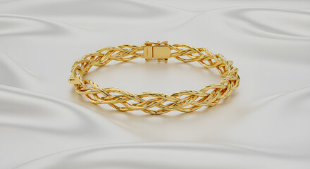 Gold vine bracelet on white silk background, shiny and elegant, perfect for jewelry, fashion, or luxury product visuals.