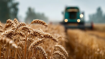 Selective focus wheat on farmland tractor and harvester blurred in background