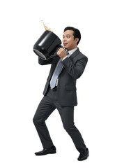 Obraz premium Overwhelmed businessman spills an enormous coffee mug, symbolizing a hectic schedule, caffeine rush, or energy demand in a professional setting.