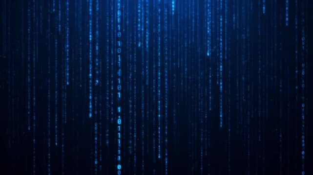 Dynamic digital rain effect with glowing blue binary code streams falling against dark background