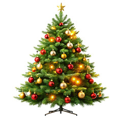 Decorated Christmas Tree with Golden Star and Red and Gold Ornaments Illuminated by Warm Lights holiday cutout png AI isolated on a transparent background