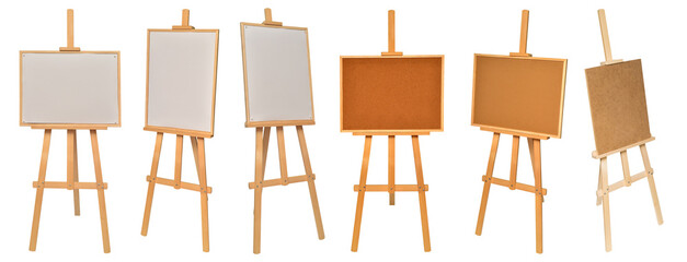 Collection easel empty for drawing isolated on white background. Vertical and horizontal paper sheets. Object, set. Wooden, mock up. Education, school, artist. Creative concept and idea of art