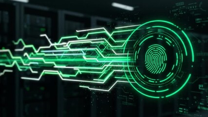 Dynamic digital fingerprint scan in futuristic data center secures vital information with glowing green circuits - Powered by Adobe