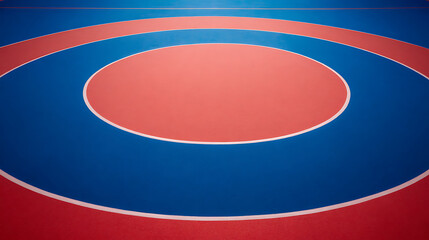 Close-up view of a wrestling mat with concentric red and blue circles