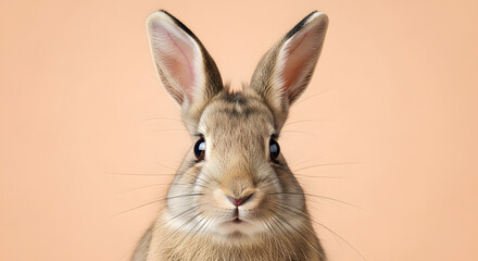 Obraz premium Close-up of a cute brown rabbit with long ears against a peach background.