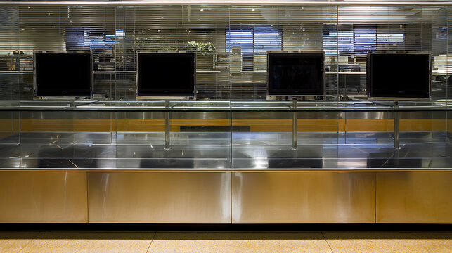 Row of computer terminals in a modern public service kiosk area with glass partitions and stainless steel surfaces