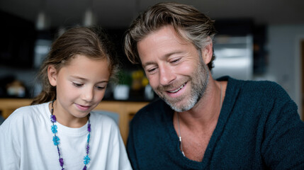 Fototapeta premium A father and daughter share a creative moment as they paint together in a warm home atmosphere. Their smiles reflect joy and the beauty of shared artistic expression.