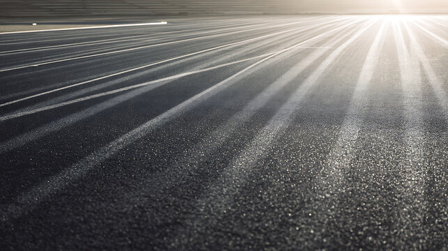 Sunlight streaming across an empty asphalt road, creating long parallel shadows and a reflective surface.