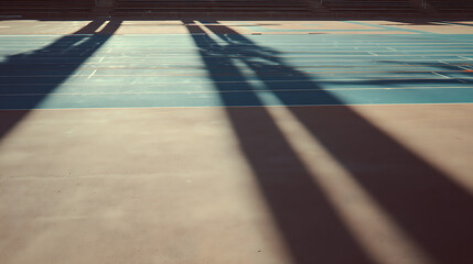 Long shadows cast on a basketball court during sunlight