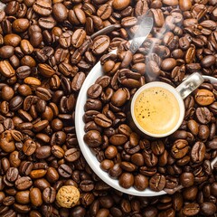 Espresso cup surrounded by coffee beans
