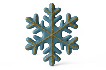 Blue snowflake ornament decorated with gold glitter on transparent background