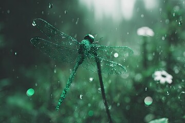 Emerald dragonfly, rain-kissed, in a lush, misty forest