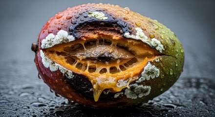 Close-up of a Moldy Mango, Food Photography, Outdoor Environment, Macro Viewpoint, Spoilage Concept