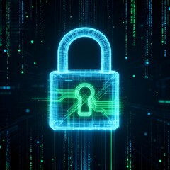 Cybersecurity concept with a glowing blue and green digital padlock, 3D object on a black background with falling matrix code, Abstract technology banner.