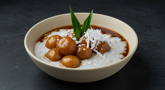 Indonesian Bubur Candil dessert served in bowl is a delicious sweet treat made with rice flour balls and brown sugar sauce garnished with coconut