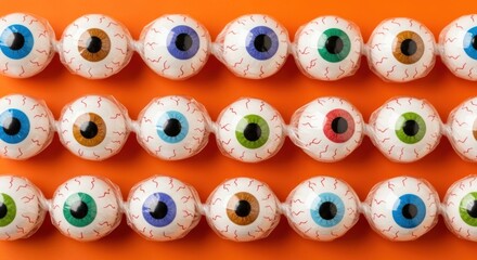 Rows of colorful eyeball-shaped candies arranged on an orange background.