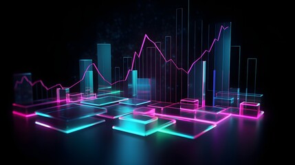 Fototapeta premium Floating holographic business charts and graphs in neon blue and pink