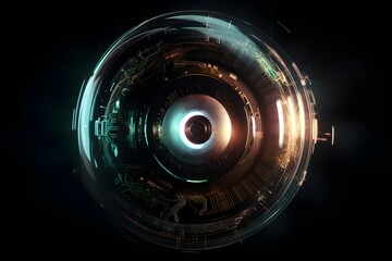 Futuristic mechanical eye lens with glowing circuits and layered glass optics