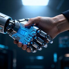 3D illustration of a bionic and a human hand in agreement. Futuristic technology and AI concept, Sci-fi banner and wallpaper layout.