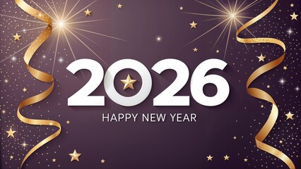 2026 New Year Greeting Card – White and Gold Text paoter with Sparkles on Dark Purple Background banner happy new year template 2026