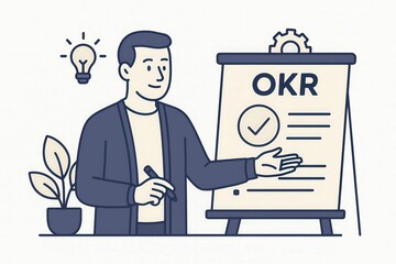 Engaging professional presenting OKR framework with mixed media concept showcasing strategic planning and efficiency in modern corporate culture highlighting innovation and growth