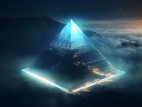 Glowing glass pyramid floating above neon-lit terrain, surrounded by data streams