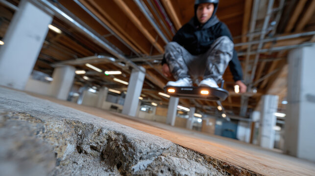 An exhilarating moment captures a young skateboarder airborne mid-jump over a rugged concrete spot, embodying daring action and the thrill of extreme sports indoors.