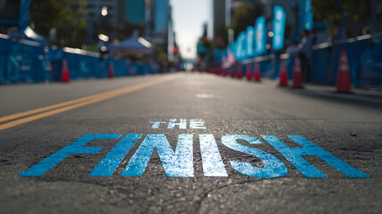 Finish line marked on asphalt road during outdoor event with cones and barriers