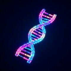 3D illustration of a vibrant DNA strand. A glowing spiral of blue and purple particles representing genetic research, Sci-fi medical wallpaper.