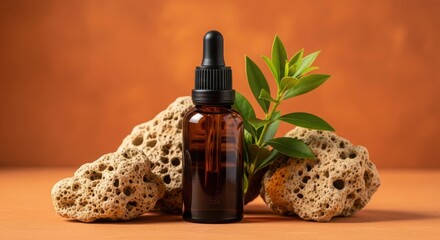 Naklejka premium Amber glass dropper bottle with green leaves and stone