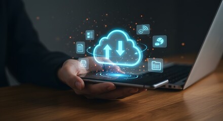 Cloud computing concept with mobile device and laptop, data transfer, digital network connection.