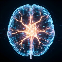 Artificial intelligence concept, A 3D render of a digital brain with a glowing neural network. Blue and orange hologram on a black background.