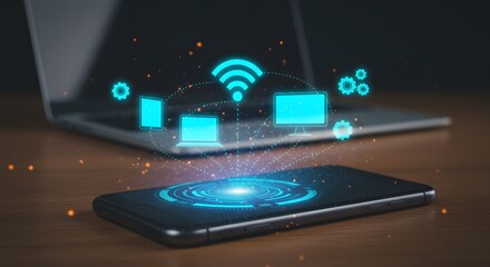 Seamless connectivity concept with smartphone, laptops, monitors, and wireless network glowing blue interface.