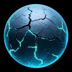 Futuristic sci-fi object, a broken planet with glowing cyan lava in its cracks. Abstract 3D render on a dark background.