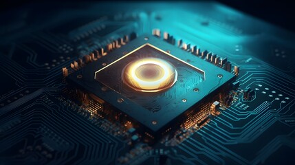 Close-up of a futuristic AI processor chip with glowing core