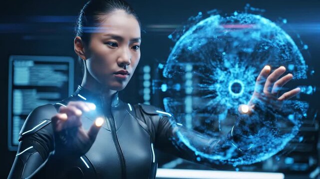 Asian woman interacting with digital hologram futuristic technology interface modern laboratory innovation concept
