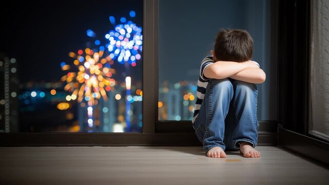 Sad child covering face while fireworks explode outside window at night. Video.