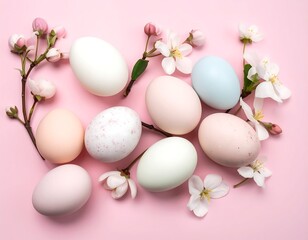 Pastel Easter eggs and blossoms on pink background