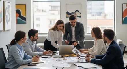 Modern Office Group Collaboration Data Analysis Team Meeting Brainstorming Session