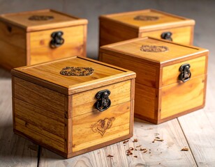 Four wooden boxes arranged on a light-colored surface
